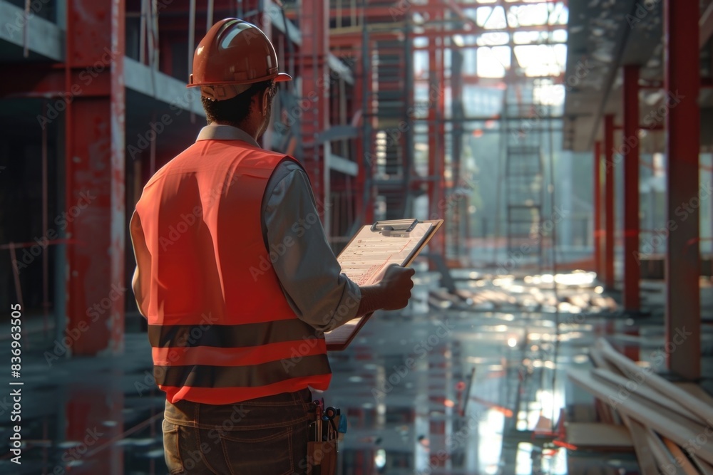A construction worker holds a clipboard in a busy building setting A construction worker holds a clipboard in a busy building setting