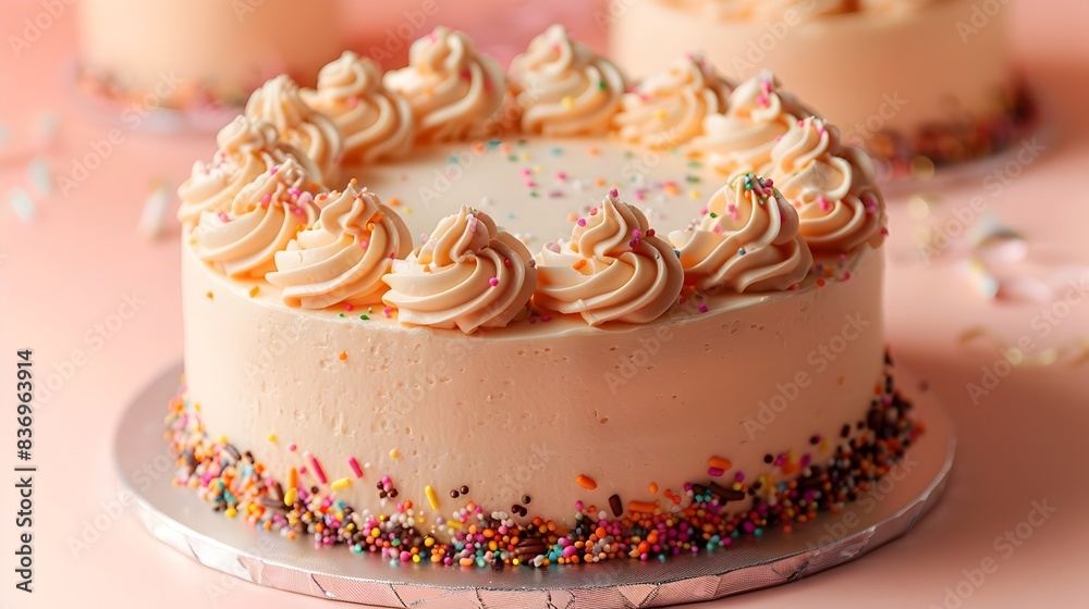 Delectable Birthday Cake on Peach Backdrop with Ample Copy Space Delectable Birthday Cake on Peach Backdrop with Ample Copy Space