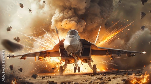 Modern battlefield, a burning jet falling, smoke track after the crushing jet. Generative AI. photo