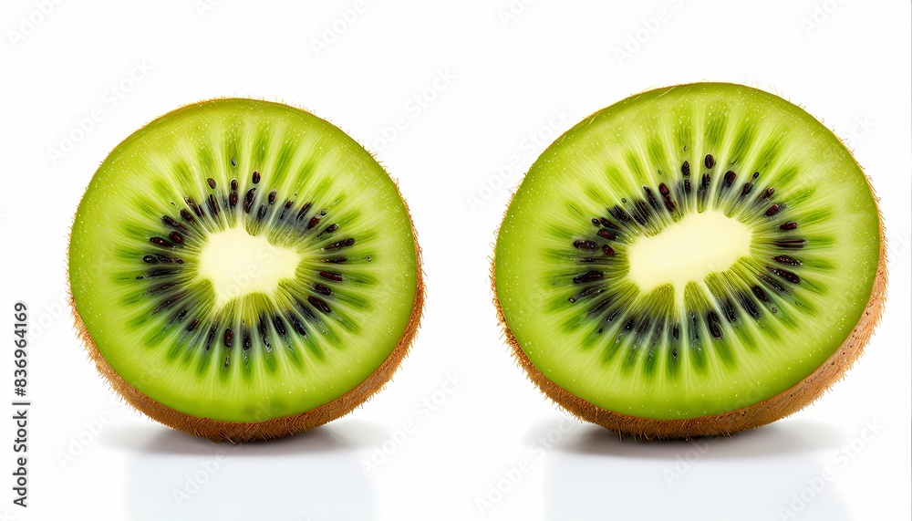 Fresh kiwi slice verdant green flesh exposed seeds visible positioned centrally on a flawless white background, AI Generated Fresh kiwi slice verdant green flesh exposed seeds visible positioned centrally on a flawless white background, AI Generated