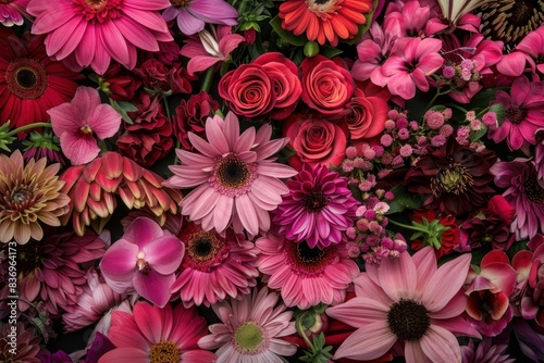 Vibrant selection of various blooming flowers creating a beautiful pattern