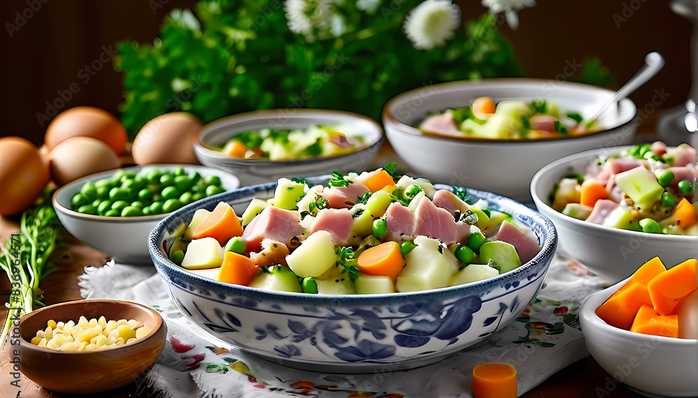 Olivier salad preparation an assembly of bowls filled with crisp pickles boiled potatoes carrots, Ai generated Olivier salad preparation an assembly of bowls filled with crisp pickles boiled potatoes carrots, Ai generated