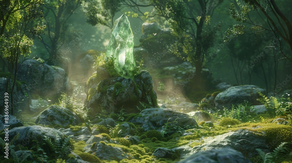 Mystical green crystal in the middle of the dense forest with sun rays shining through the trees.