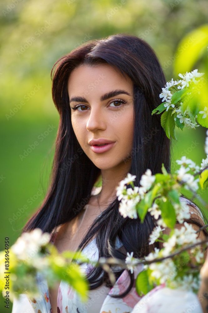 Naklejka premium Portrait of a beautiful brunette caucasian woman standing in blossoming apple garden in white floral dress on a fresh green grass touching tree branch with flowers and looking straight into the camera