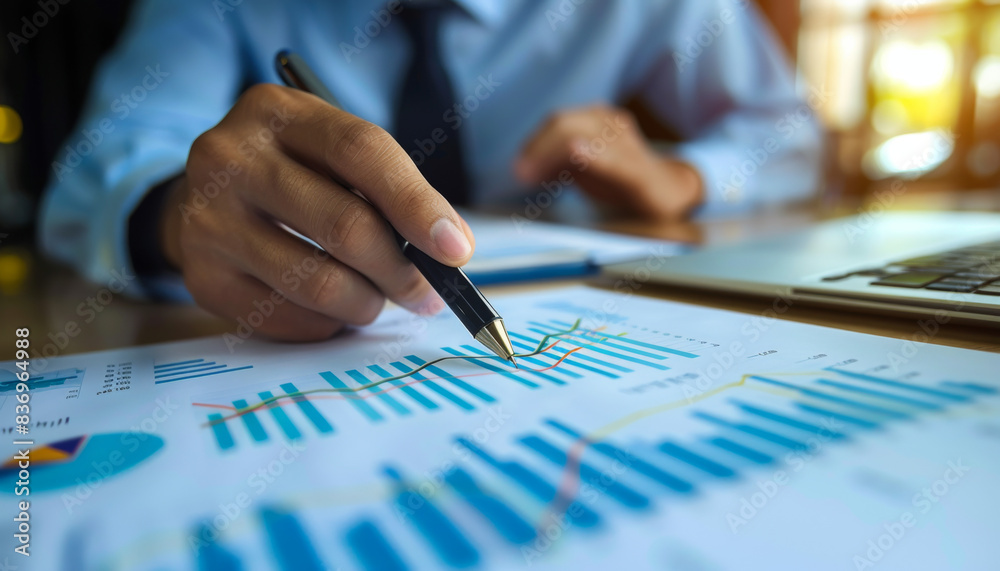 A man is writing on a graph with a pen A man is writing on a graph with a pen