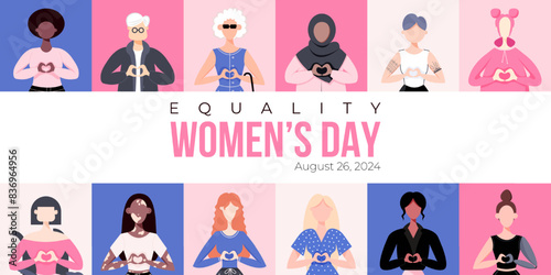 Women's Equality Day Poster. Group of women with diverse ethnicity, age, body type, hait color banner. Flat people vector illustration. photo