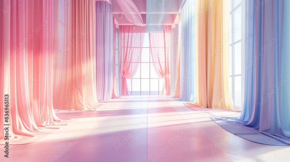 A serene interior with soft pastel curtains and natural sunlight, creating a tranquil and airy atmosphere. A serene interior with soft pastel curtains and natural sunlight, creating a tranquil and airy atmosphere.