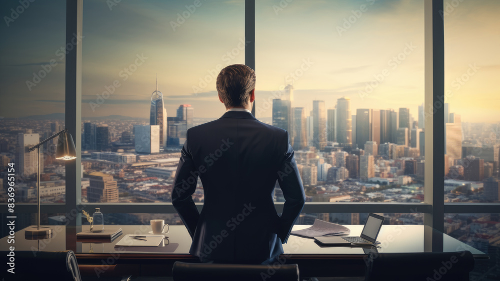 A businessman stands in a modern high-rise office, gazing at the expansive city skyline as the evening sets in, reflecting on future ambitions and goals. A businessman stands in a modern high-rise office, gazing at the expansive city skyline as the evening sets in, reflecting on future ambitions and goals.
