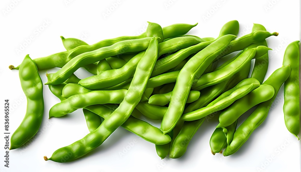 Romano flat green beans arrayed on a pristine white surface, AI Generated Romano flat green beans arrayed on a pristine white surface, AI Generated