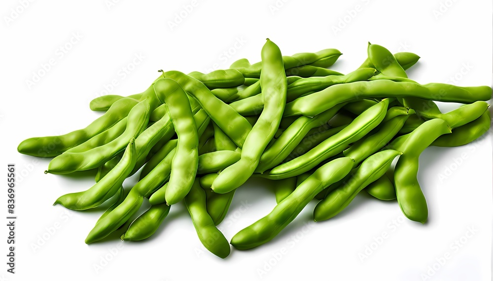 Romano flat green beans arrayed on a pristine white surface, AI Generated Romano flat green beans arrayed on a pristine white surface, AI Generated