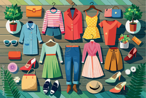 Various items of clothing and accessories are spread out on the wooden floor. This includes outerwear and handbags. All items are brightly colored and neatly arranged, which may indicate the change of