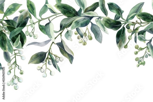 A beautiful watercolor artwork featuring green leaves and juicy berries