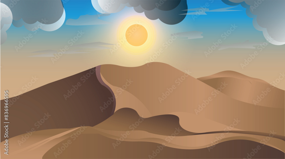 Cartoon style desert landscape with hot sun light, gray clouds. Desert wild panoramic shadow light landscape with dunes vector illustration. 3d realistic background of sand dunes. Desert Landscape. Cartoon style desert landscape with hot sun light, gray clouds. Desert wild panoramic shadow light landscape with dunes vector illustration. 3d realistic background of sand dunes. Desert Landscape.
