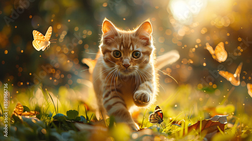 Playful Cartoon Cat Chasing Butterflies in Lush Field of Grass with Cheerful Background © EEKONG