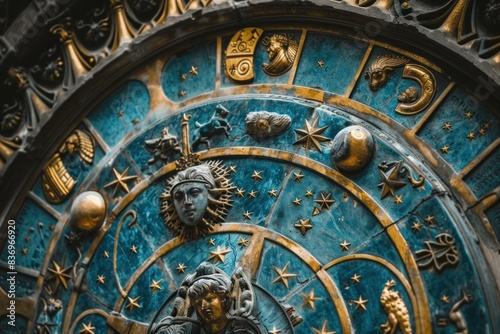 Closeup of a vintage antique astronomical clock showcasing intricate craftsmanship and celestial symbols. Including zodiacal signs. Sun. Moon. And stars