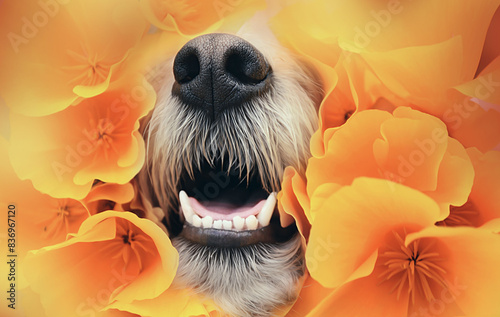 funny cute dog nose surrounded by yellow flowers close up
