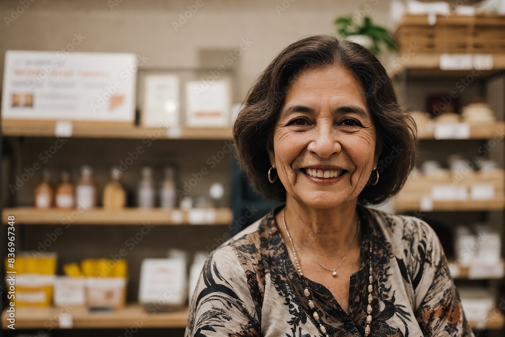 Successful senior Latin woman with her small business, smiling and looking at the camera, copy space. Successful senior Latin woman with her small business, smiling and looking at the camera, copy space.