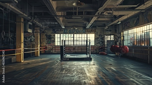 A worn-out boxing ring situated inside an abandoned building, adorned with vibrant graffiti on the walls