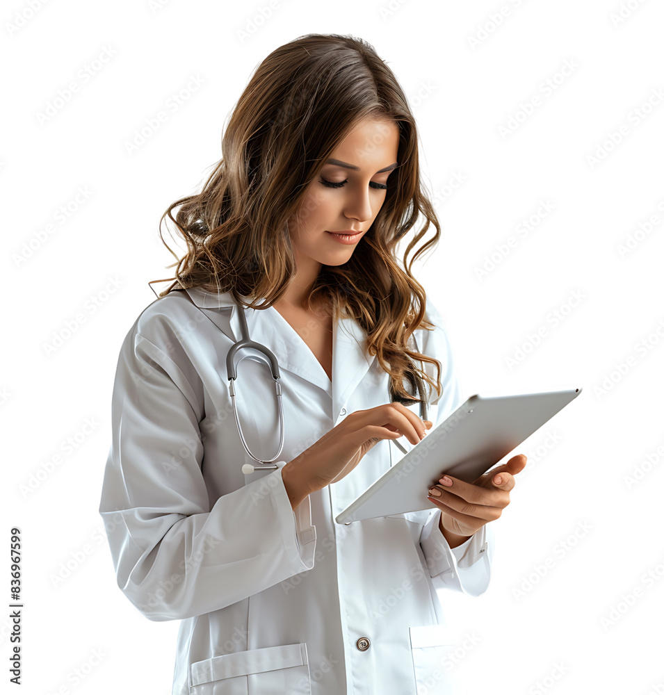 Confident female doctor using smartphone on isolated transparent background Confident female doctor using smartphone on isolated transparent background