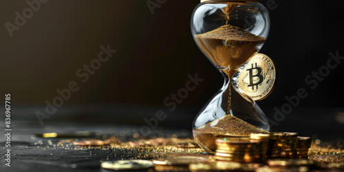 Sablier avec or et pièce de bitcoin sur fond noir
