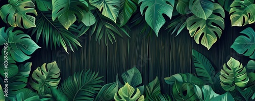 Lush green tropical jungle foliage creating a natural frame on a dark background, perfect for nature and exotic themed projects.