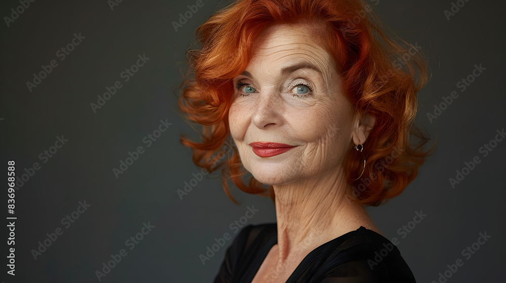 Confident older woman with curly red hair, wearing a black top, looking at the camera with a slight smile. Highlights elegance, beauty, and self-assurance. copy. space