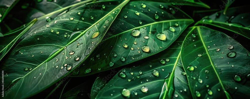 Close-up of lush green leaves with water droplets, showcasing the beauty of nature's intricate details and the freshness after a rain shower. Close-up of lush green leaves with water droplets, showcasing the beauty of nature's intricate details and the freshness after a rain shower.