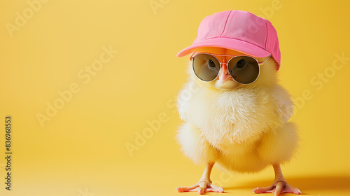 Cute chick wearing sunglasses and a pink cap on yellow background