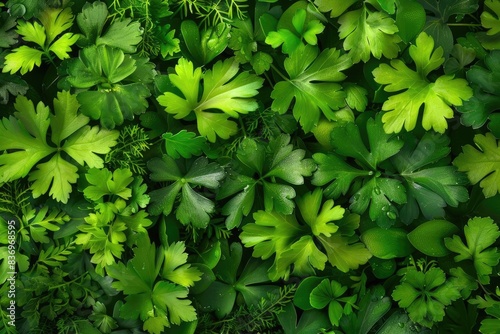 Lush green foliage of various plants creating a vibrant and fresh natural background.