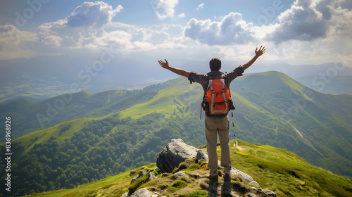 Backpacker with arms raised, standing on a lush green mountain summit, enjoying the panoramic view of the expansive landscape under a cloudy sky.