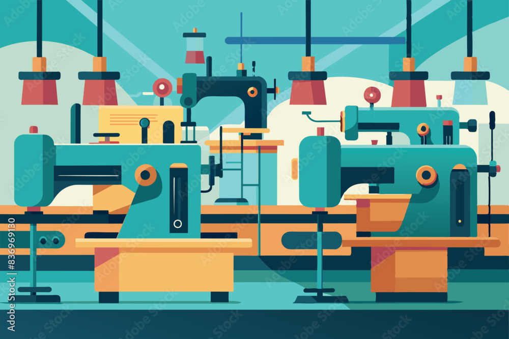 Fototapeta premium a range of sewing machines, could be a textile factory or a tailoring workshop. Each machine is equipped with spools of thread, adjustment knobs and needles.