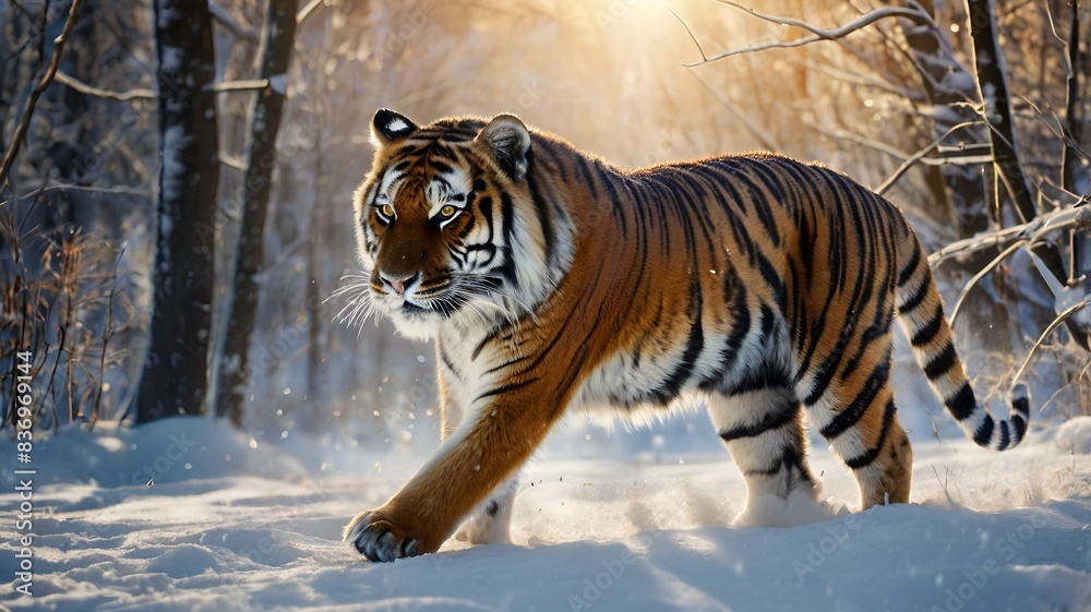 Obraz premium Granater AI A majestic tiger gracefully walks through a snowy forest, blending in with its surroundings.