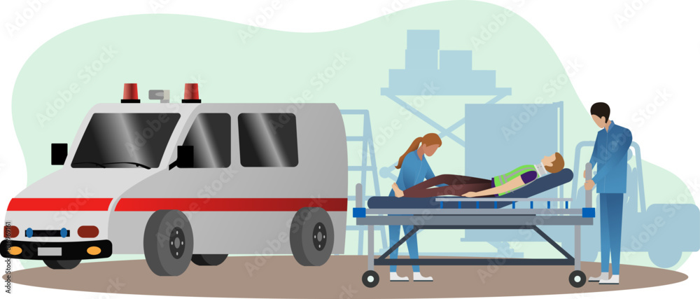 Fototapeta premium Paramedics in uniform loading a patient on a stretcher into an ambulance vector illustration, industrial accident, 