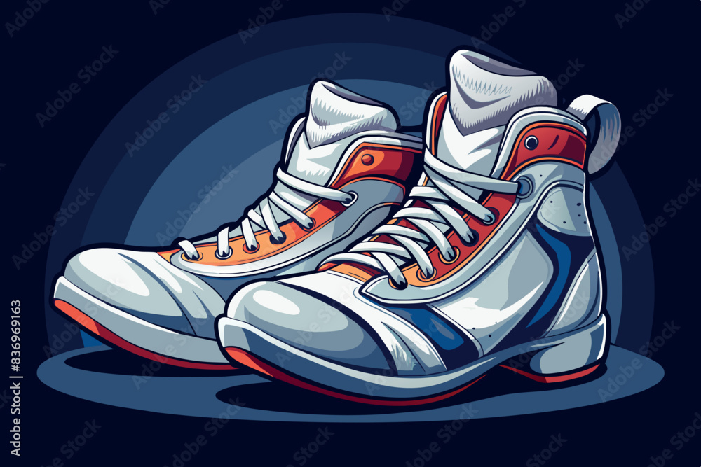 sporty sneaker with a white base. They have white laces, a gray sole and a red stripe on the side. sporty sneaker with a white base. They have white laces, a gray sole and a red stripe on the side.