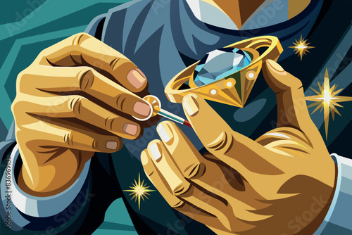 Master - jeweler working on a new product in the form of a gold ring with a diamond