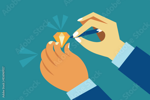 Master - jeweler working on a new product in the form of a gold ring with a diamond