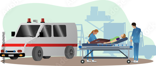 Paramedics in uniform loading a patient on a stretcher into an ambulance vector illustration,  industrial accident, 