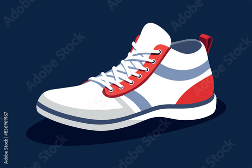 sporty sneaker with a white base. They have white laces, a gray sole and a red stripe on the side.