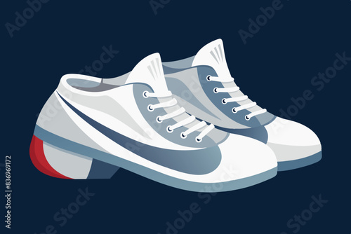 sporty sneaker with a white base. They have white laces, a gray sole and a red stripe on the side.