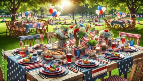 A table with a patriotic theme is set up for a celebration