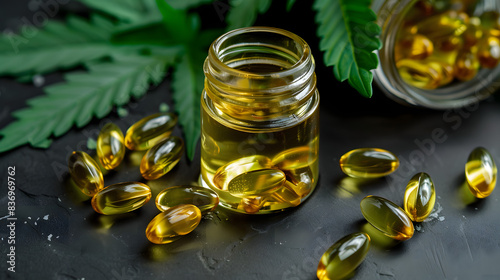 CBD oil capsules scattered near an amber bottle and cannabis leaves on a dark surface. Ideal for themes of natural remedies, health supplements, and wellness.