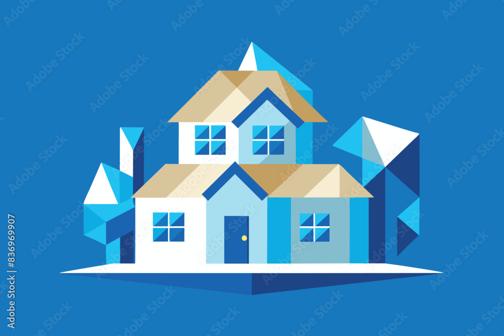a two-story house with an expressive roof and chimney. It is done in shades of blue and white, creating a cool color scheme. topic for discussion of real estate, architecture. a two-story house with an expressive roof and chimney. It is done in shades of blue and white, creating a cool color scheme. topic for discussion of real estate, architecture.