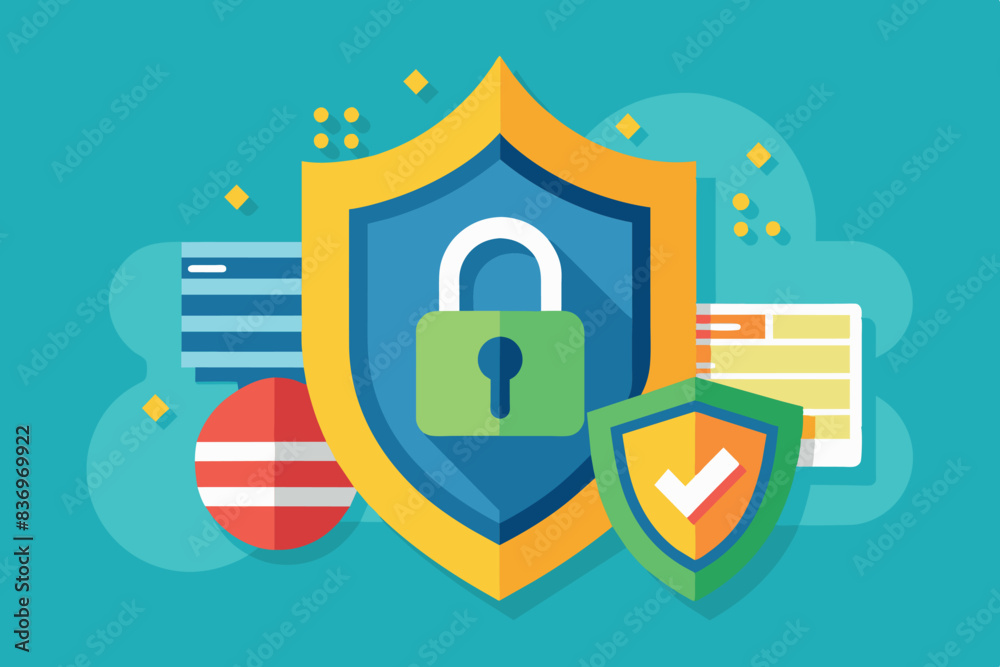 an image related to cybersecurity and data protection. In the center is a large shield with a lock symbolizing security. Around the shield are various elements: cityscape, clouds, satellite dish. an image related to cybersecurity and data protection. In the center is a large shield with a lock symbolizing security. Around the shield are various elements: cityscape, clouds, satellite dish.