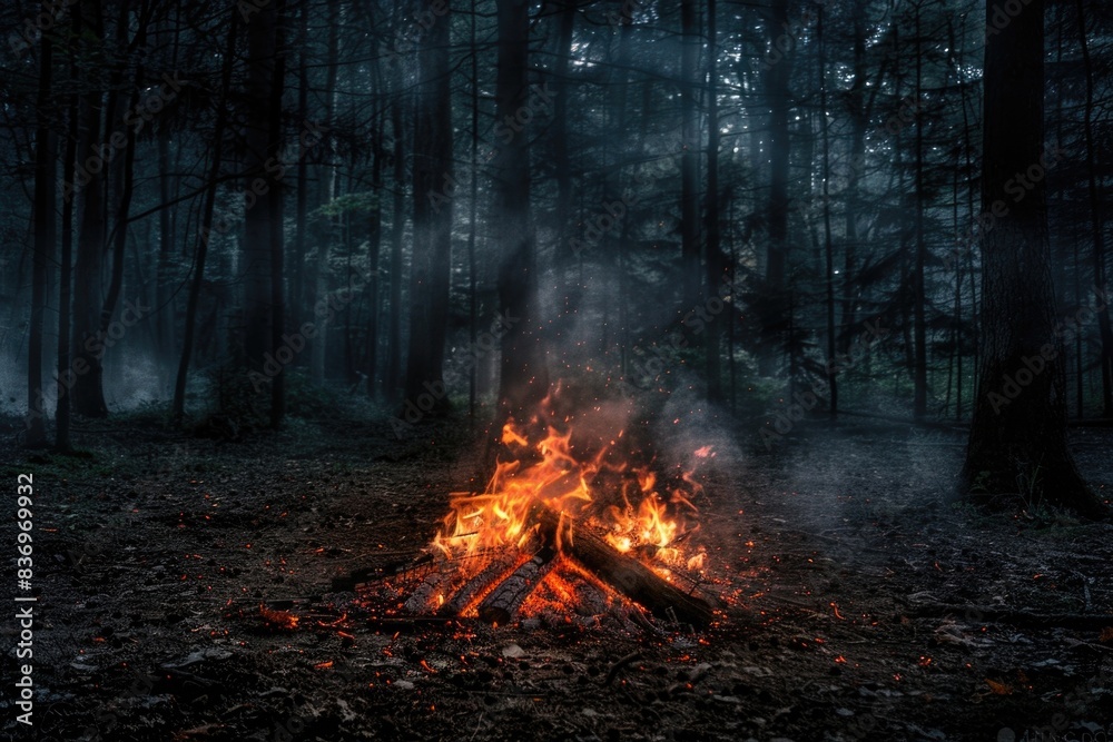 A campfire lit up in the darkness of the forest, surrounded by trees A campfire lit up in the darkness of the forest, surrounded by trees
