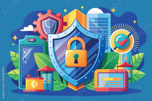 an image related to cybersecurity and data protection. In the center is a large shield with a lock symbolizing security. Around the shield are various elements: cityscape, clouds, satellite dish.