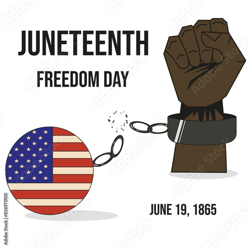 Juneteenth Freedom Day concept in trendy Flat simple style. Juneteenth art with shackles and typography isolated white background. Geometrical vector can used flyer, brochure, banner, cover template.