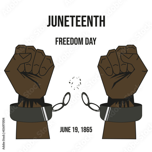 Juneteenth Freedom Day design t-shirt print, flyer, poster cover printing. Hand with broken Shackles islated white background. Simple Vector Juneteenth. Editable stroke.