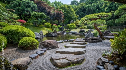 A Japanese garden with a pond and a large tree © Tatiana