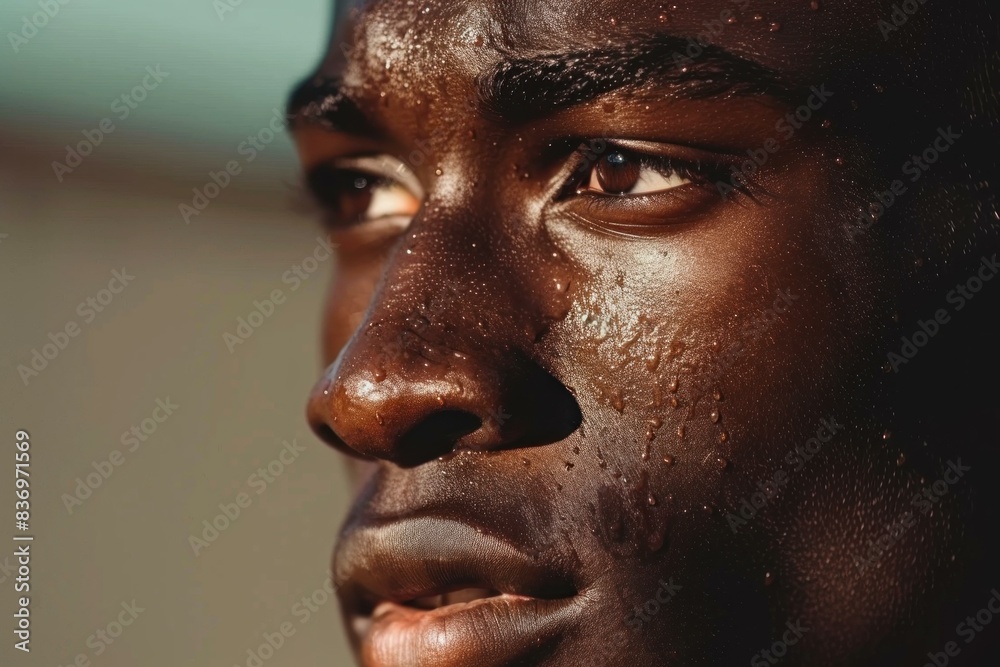 Detailed closeup shot of a young man's face with sweat beads, under natural sunlight Detailed closeup shot of a young man's face with sweat beads, under natural sunlight