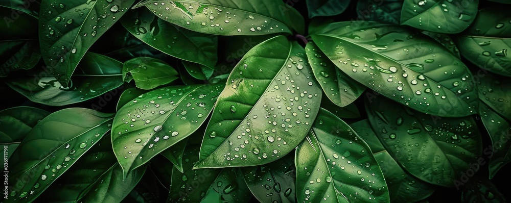 Fototapeta premium Close-up of lush green leaves with morning dew, showcasing nature's beauty and freshness in vibrant detail.